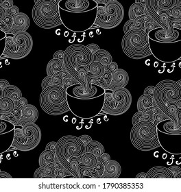 Beverage vector seamless pattern with handwritten coffee cups and aroma smoke ornament