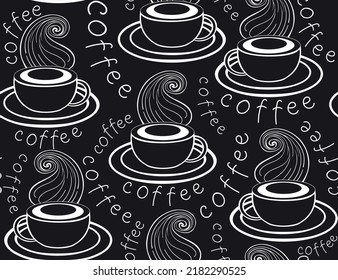 Beverage vector seamless pattern and handwritten coffee cups  aroma smoke   the word 