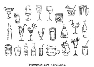 Beverage vector set, collection of cocktails, drinks sketches