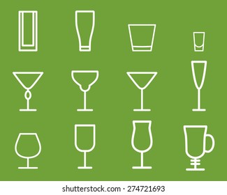 Beverage vector thin line symbol icon. Cocktails. Party outline elements isolated on green background. Vector illustration