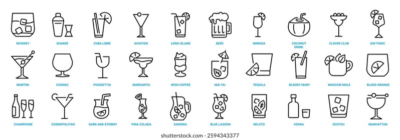 Beverage web line icons Set. Alcohol drinks icons. Beer, coffee, wine, cocktail, soda, bottle signs. Icons set for restaurant menu