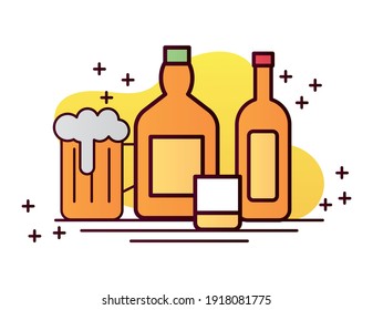 beverage yellow bottles with cup and beer line and fill icon vector illustration design