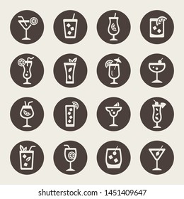 Beverages, alcohol cocktails vector icon set