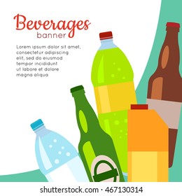 Beverages banner. Set of drinks in bottles and packs. Healthy and junk drinks. Alcoholic and nonalcoholic beverages. Part of series of promotion healthy diet and good fit. Vector illustration