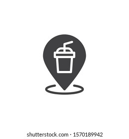 Beverages bar location pin vector icon. filled flat sign for mobile concept and web design. Map marker with milkshake glyph icon. Symbol, logo illustration. Vector graphics