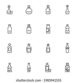 Beverages bottles line icons set, outline vector symbol collection, linear style pictogram pack. Signs, logo illustration. Set includes icons as soda water bottle, brandy, whiskey, vodka jug, tequila