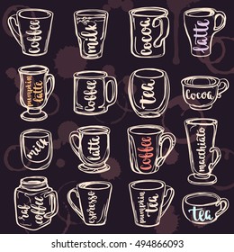 Beverages calligraphy and lettering on cups with hand painted watercolor spot background. Vector illustration of cups, mugs and glasses. Collection for your design on chalkboard dark background.
