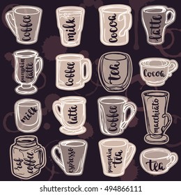 Beverages calligraphy and lettering on cups with hand painted watercolor spot background. Vector illustration of cups, mugs and glasses. Collection for your design on chalkboard dark background.