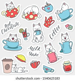 Beverages and cats stickers set. Kawaii white cats with cups of coffee and tea, coffee pots, milk shake ets. Vector 8 EPS