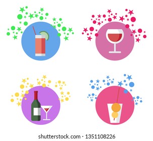 Beverages, Cocktails, Vector llustrations Set. Alcohol Bar Menu. Cocktail, Wine, Lemonade Glasses and Appetizers. Party Drinks, Aperitifs, Lemonade, Bottle of Wine Flat Isolated Design Element