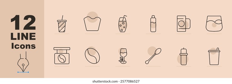 Beverages and coffee set icon Drink cup, carton, juice, water bottle, coffee mug, whiskey glass, coffee jar, beans, wine glass, spoon, baby bottle, takeaway cup. Beverages, coffee, drinks