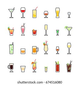 Beverages color icons set on white background