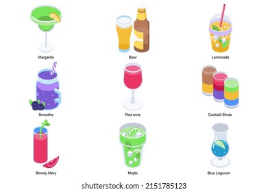 Beverages concept 3d isometric icons set. Pack elements of margarita, beer, lemonade, smoothie, red wine, shots, bloody mary, mojito and blue lagoon. Vector illustration in modern isometry design