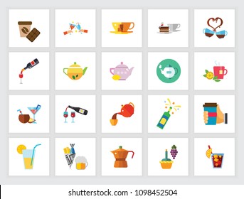 Beverages concept. Flat icon set. Cafe, bar, restaurant. Can be used for topics like drinks, party, break