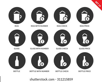 Beverages and dinking vector icons set. Alcohol concept, different kinds of mug, glasses and bottles, containers with prices. Items for posters and advertising. Isolated on white background
