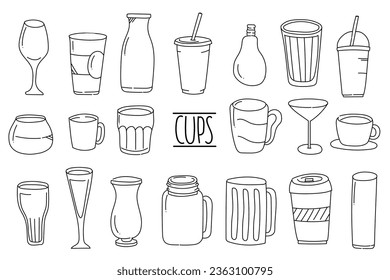 Beverages doodle set hand drawn. Set of hand drawn cup drink doodle illustration. Cup, mug, coffee, tea, wine, glass, soda, bottle. 