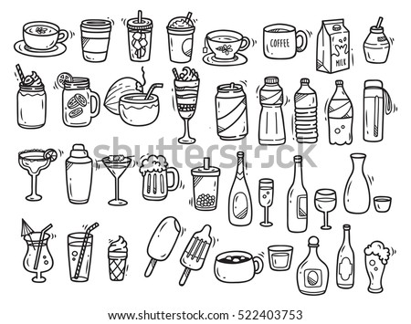 Beverages doodle set on white background