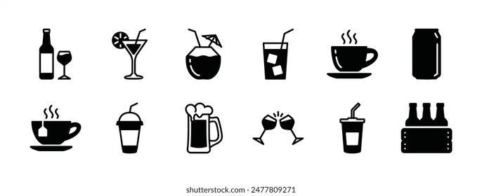 Beverages or drinks icon set. Containing bottle, wine glass, coconut, mineral water, tea, coffee, beer, soda can, juice, cup, cocktail. Vector illustration