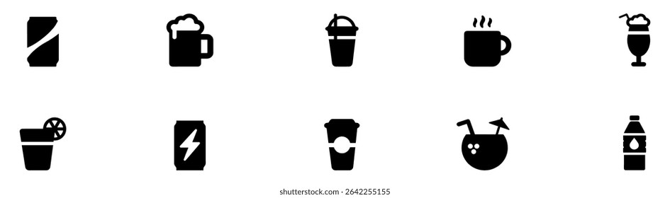 Beverages or drinks icon set. Containing bottle, wine glass, coconut, mineral water, tea, coffee, beer, soda can, juice, cup, cocktail. Vector illustration. EPS 10