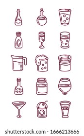 conjunto de iconos de bebidas y bebidas, estilo de línea, ilustración vectorial