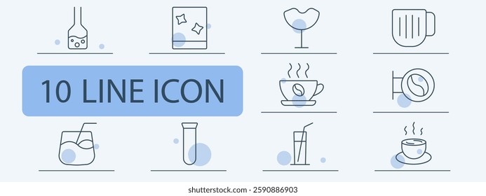 Beverages and drinks set icon. Laboratory flask, sparkling drink, cocktail glass, beer mug, coffee cup, espresso machine, juice glass, test tube, water glass, hot tea.