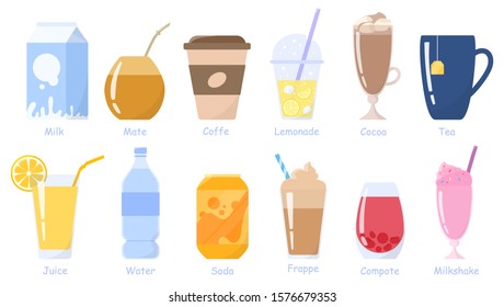 Beverages, drinks set. Milk pack, soda can, glass of juice, cup of coffe and tea and etc. Non-alcoholic beverages. Healthy lifestyles. Isolated vector flat illustration - Shutterstock ID 1576679353