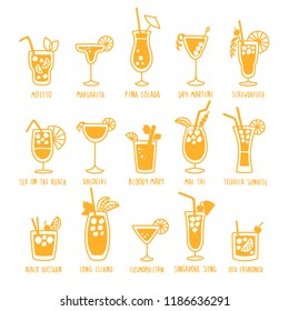 Beverages drinks silhouettes set with the names of the coctails, isolated on white background, doodles, hand drawn style. Vector illustration.