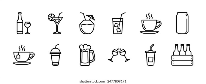 Beverages or drinks thin line icon set. Containing bottle, wine glass, coconut, mineral water, tea, coffee, beer, soda can, juice, cup, cocktail. Vector illustration