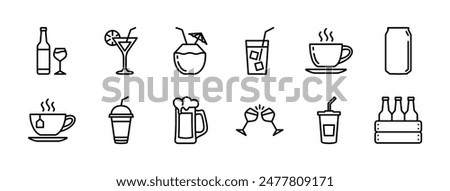 Beverages or drinks thin line icon set. Containing bottle, wine glass, coconut, mineral water, tea, coffee, beer, soda can, juice, cup, cocktail. Vector illustration