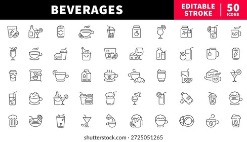 Beverages editable line icons set. drink and refreshment symbols