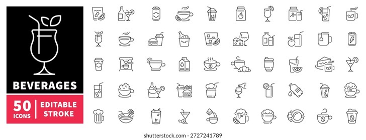 Beverages editable line icons set. linear, drink, refreshment symbols