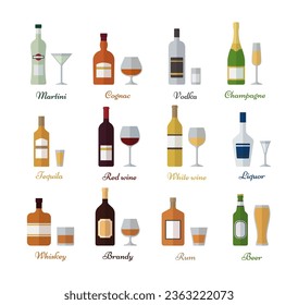 Beverages in flat design. Set of 12 alcohol bottles and glasses. Alcoholic drinks with wineglasses. Vector illustration. Icons isolated on white background.