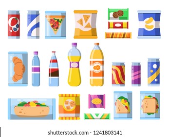 Beverages food. Plastic containers fastfood drinks and snacks candy biscuits chips vector flat illustrations isolated