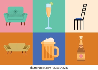 beverages and furniture set icons