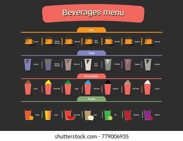 Beverages hot and coffee fruits smoothie colorful icon and dark background