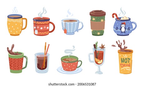 Beverages and hot drinks for winter, christmas set of cups with coffee, tea and cocoa with marshmallows. Melted chocolate and aromatic mulled wine, warm cappuccino. Vector in flat cartoon style