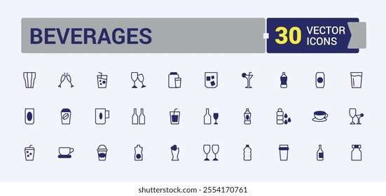 Beverages icon pack. Related to food, wine, lemon, glass, restaurant, cup. Thin linear style icons. Editable vector outline and solid icons.