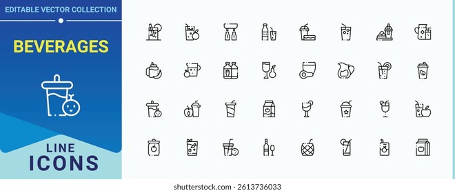 Beverages icon set. Contains such symbols as wine, beverage, beer, juice, bar and more. Drink And Juice linear icon collection. Thin web icons. Editable stroke. Vector illustration.