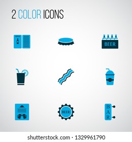Beverages icons colored set with cocktail with lemon, bottle cap, menu and other poster elements. Isolated vector illustration beverages icons.