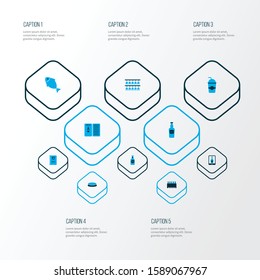 Beverages icons colored set with elite rum, drink menu, bottle of beer and other liquor elements. Isolated vector illustration beverages icons.