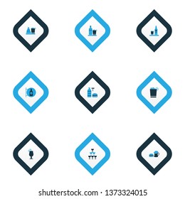 Beverages icons colored set with glasses, beer with burger, whiskey with ice and other liqueur elements. Isolated vector illustration beverages icons.