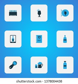 Beverages icons colored set with pub book, cocktail sign, beer with cigarettes and other accessory elements. Isolated vector illustration beverages icons.