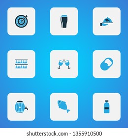 Beverages icons colored set with rack with glasses, darts, spacing and other fish elements. Isolated vector illustration beverages icons.