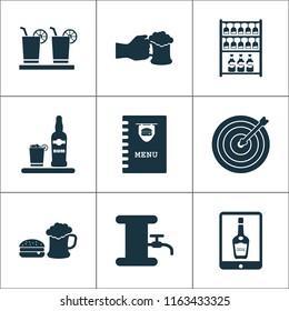 Beverages icons set with beer tower, beer in hand, tablet stand of beers elements. Isolated vector illustration beverages icons.