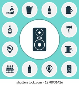Beverages icons set with beer, whiskey with ice, stand of beers juice elements. Isolated vector illustration beverages icons.