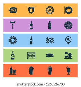 Beverages icons set with bottle cap, ale mug, badge and other cabernet elements. Isolated vector illustration beverages icons.