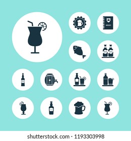 Beverages icons set with burger menu, tequila, container and other glass of beer elements. Isolated vector illustration beverages icons.