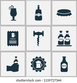Beverages icons set with corkscrew, bottle cap, whisky and other beer elements. Isolated vector illustration beverages icons.