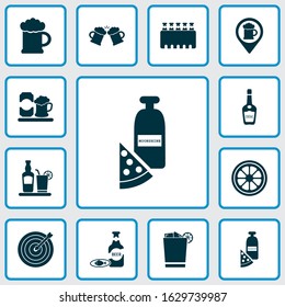 Beverages icons set with darts, case of beer, whiskey with ice and other rum with glass elements. Isolated vector illustration beverages icons.