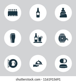 Beverages icons set with elite rum, spacing, tequila and other ale box elements. Isolated vector illustration beverages icons.